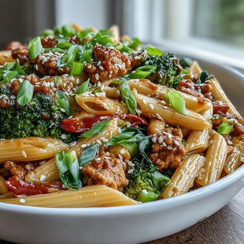 Fork-tender penne and lean ground turkey coated in a glossy sweet and spicy sauce.