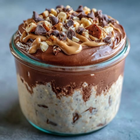 Creamy Peanut Butter Cup Overnight Oats in a glass jar, layered with rich cocoa ganache and topped with mini chocolate chips and chopped peanuts.