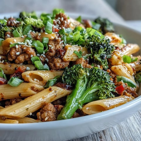 Fork-tender ground turkey and crisp broccoli florets are tossed in a sweet and spicy sauce with penne in this vibrant pasta dish, served hot and garnished with sesame seeds.