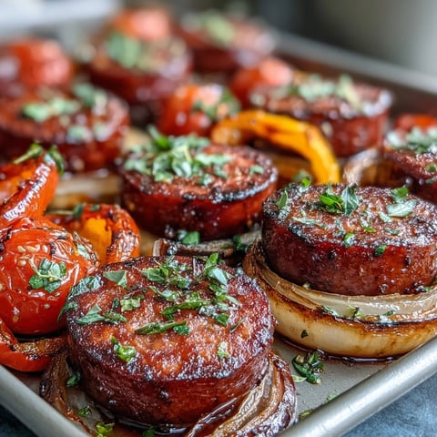 Golden roasted smoked sausage rounds, colorful bell peppers, zucchini, and red onion tossed in smoky spices and arranged on a sheet pan, served with warm garlic naan for dipping.