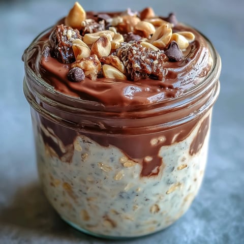 Overnight oats topped with mini chocolate chips and chopped peanuts. This creamy Peanut Butter Cup Overnight Oats recipe is a perfect healthy dessert-inspired breakfast.
