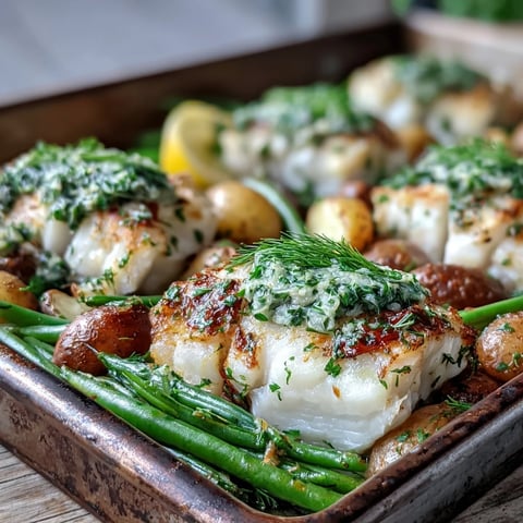 Golden Garlic Herb Butter Cod fillets baked to flaky perfection, resting beside tender roasted baby potatoes and crisp green beans on a baking tray.