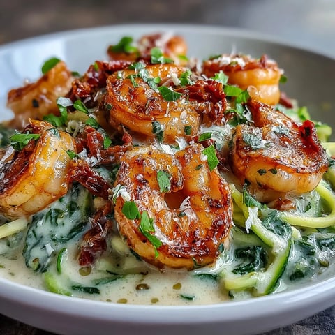 Keto Creamy Garlic Tuscan Shrimp with Zucchini Noodles features pink shrimp in a rich cream sauce with spinach and sun-dried tomatoes.