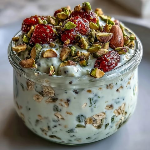 Creamy pistachio overnight oats with Greek yogurt, chia seeds, and chopped nuts in a glass jar.  