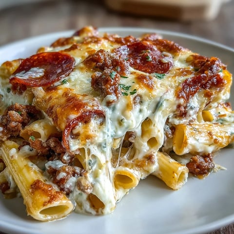 High-protein pizza pasta bake with lean beef, pepperoni, and creamy yogurt-cheese sauce baked until bubbly and golden.