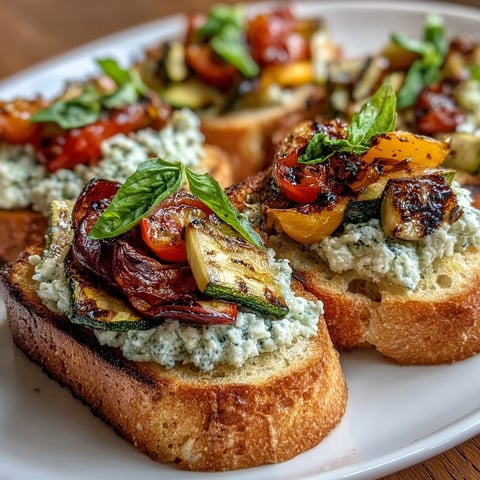 Crispy garlic butter crostini topped with creamy ricotta and colorful roasted vegetables. A vibrant, vegetarian appetizer perfect for entertaining.  