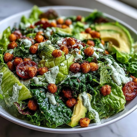 Creamy pistachio green goddess salad with crisp romaine, fresh herbs, and crunchy roasted chickpeas in a vibrant dressing.