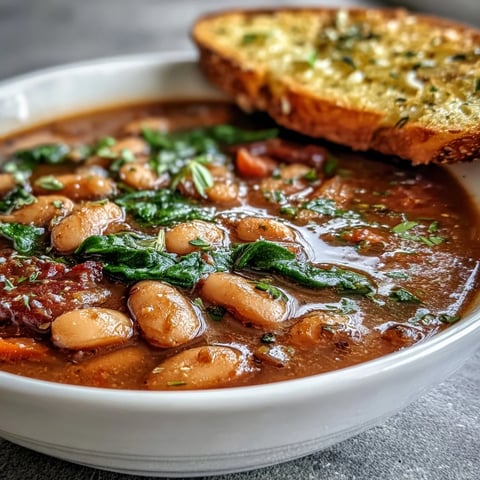 Creamy Tuscan white bean soup with fresh vegetables and garlic bread, perfect for a cozy dinner.  
