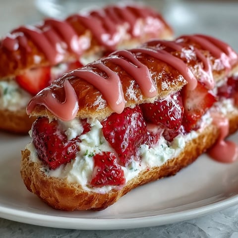 Beautiful strawberry éclairs filled with luscious strawberry cream and topped with a glossy pink glaze for a romantic dessert.