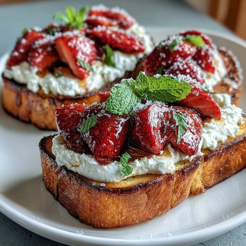 Fresh strawberry ricotta toast with creamy cheese and honey drizzle, served on golden sourdough bread for a delightful brunch treat.  