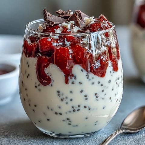 A creamy strawberry yogurt chia pudding layered with fresh berries and topped with dark chocolate shavings for a healthy treat.