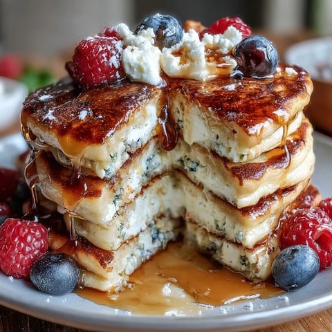 1. Protein-packed cottage cheese and berry pancakes with juicy blueberries, golden-brown and fluffy on a white plate.  