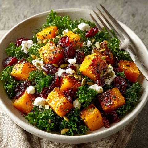 Golden Roasted Butternut Squash &amp; Kale Salad: warm, earthy autumn flavors, ready to serve.