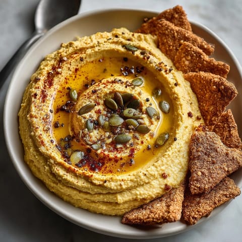 Festive homemade Pumpkin Spice Hummus served with crispy spiced bat pita chips for dipping.