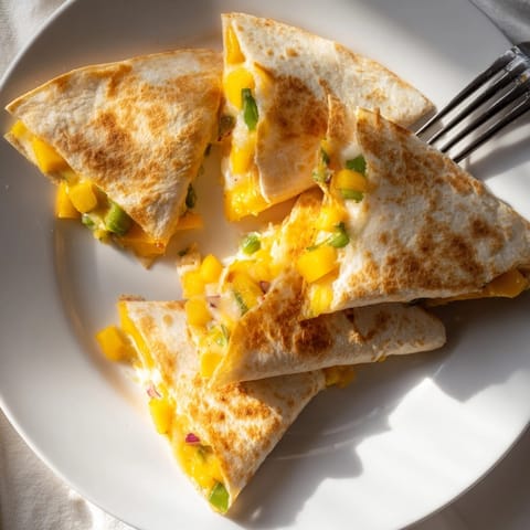 Deliciously browned Cheesy Mango Quesadilla being sliced; savor the contrast of sweet and savory.