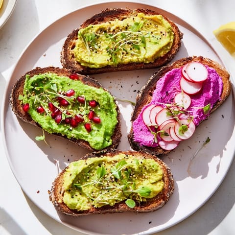 Colorful breakfast toasts topped with ube spread, avocado, and crunchy radish slices.  