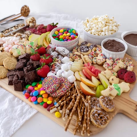 Delicious dessert board featuring sweet treats, fresh fruit, and fun dips.  