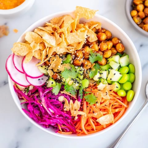 Colorful ASMR Crunch Snack Bowls featuring crunchy chickpeas and rainbow carrots.  