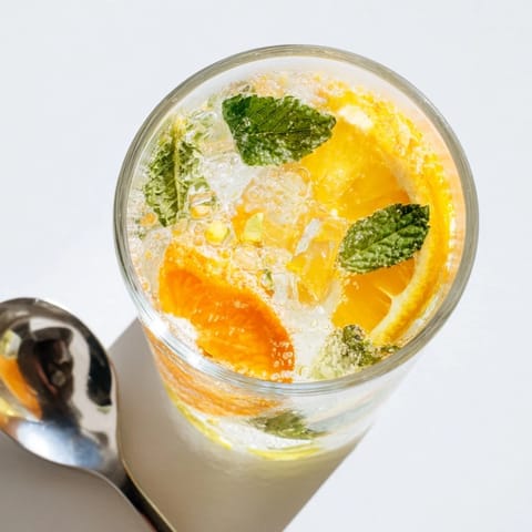 Homemade probiotic soda mocktail served over ice, bursting with citrus flavors.  