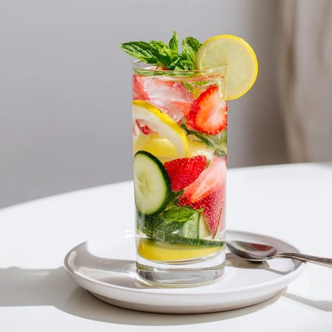 Vibrant mocktails featuring lemon, strawberries, and cucumber for a cool drink.  