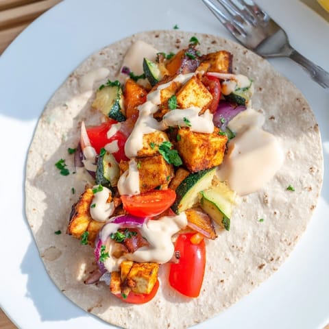 Delicious plant-based meal showcasing marinated tofu and fresh ingredients in pita.  