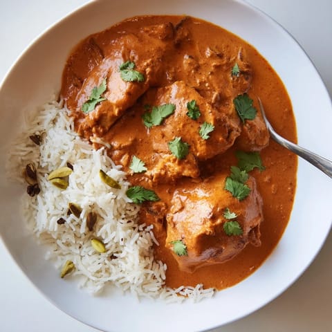 A hearty butter chicken dish paired with flavorful basmati rice pilaf, garnished with cilantro.  