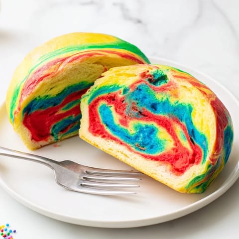 Delightful rainbow cloud bread ready to serve as a festive party treat.  