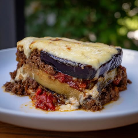 A close-up view of the baked moussaka, showcasing its perfectly browned béchamel topping.