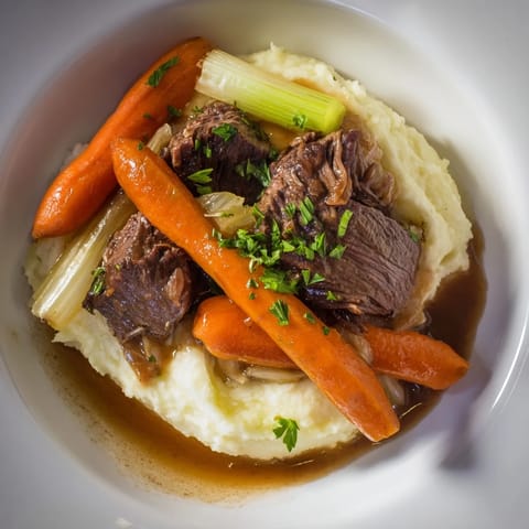 A close-up image shows juicy, shredded Slow Cooker Pot Roast alongside creamy mashed potatoes.
