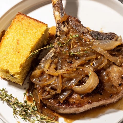 A close-up of tender smothered pork chops, featuring a flavorful onion gravy over the meat. 