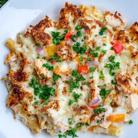 Golden-browned Cajun Chicken Pasta Bake with a creamy sauce, vegetables, and perfectly cooked pasta ready to serve.
