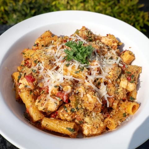 A close-up view of the savory Baked Chicken Parmesan Pasta, ready to serve with fresh basil garnish.