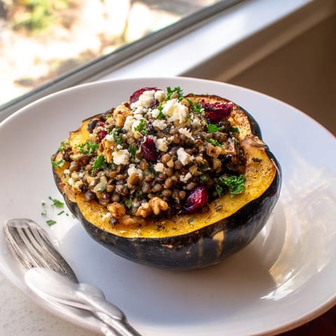 Warm, golden-brown Lentil & Walnut Stuffed Acorn Squash, a delightful vegetarian main course, ready to serve.