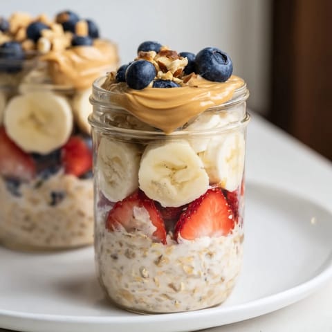 Enjoy a view of creamy Overnight Oats Jars, bursting with colorful fruits and rich peanut butter swirls.