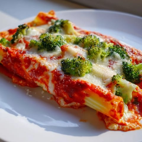 A close-up of steaming Cozy Broccoli Stuffed Manicotti, revealing creamy broccoli filling inside.