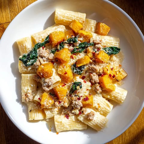 Spoonful of Creamy Rigatoni showcasing butternut squash and savory Italian sausage in rich sauce.