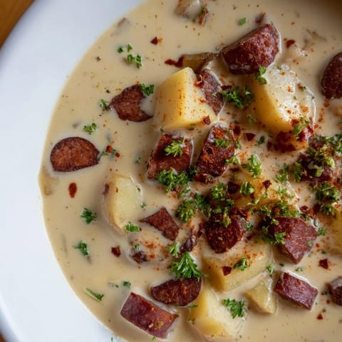 A steaming bowl of Creamy Chorizo Potato Soup, garnished with fresh parsley, looks unbelievably delicious.
