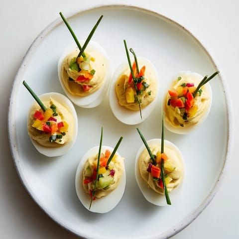 These easy festive deviled egg ornaments are garnished with colorful peppers, ready to eat.