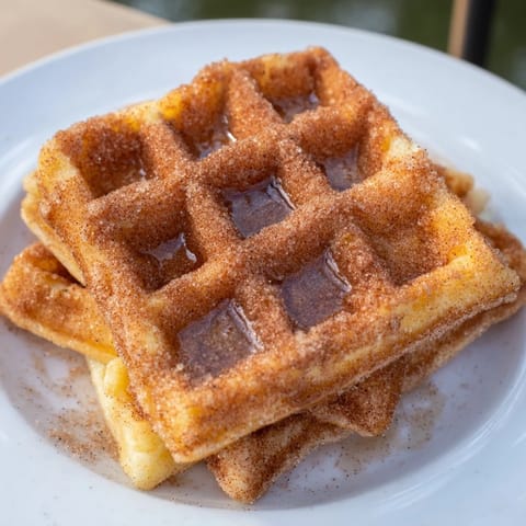 Imagine the crispy, cinnamon sugar-dusted texture of these amazing Churro Waffles, a breakfast delight!