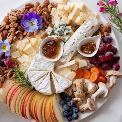A gorgeous Woodland Creature Cheese Platter, artistically arranged with fresh fruits and nuts.