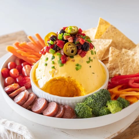 This Lava Flow Volcano Dip Platter showcases a spicy cheese "volcano" surrounded by tasty dippers.