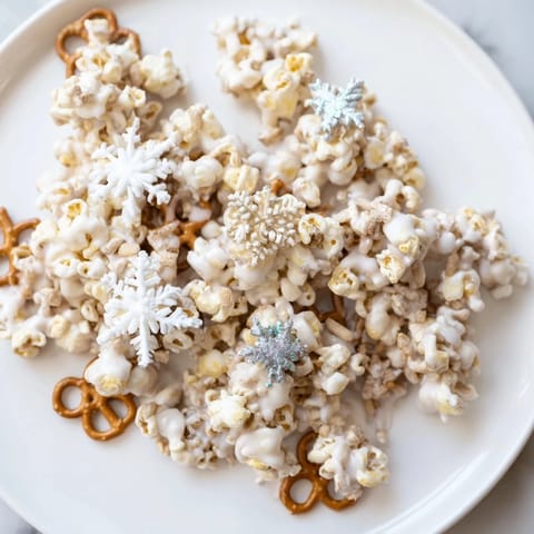 Festive Ski Season Snowflake Snack Mix: a crunchy treat with pretzels, popcorn, and shimmering, wintry decorations.