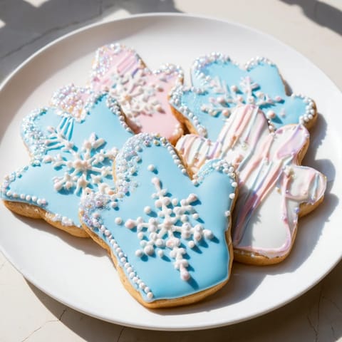 A delightful display of Warm & Toasty Mitten Cookies, iced with colorful, festive royal icing.