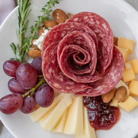 Single serving Easy Charcuterie board showcasing a salami rose with an assortment of colorful, delicious snacks.
