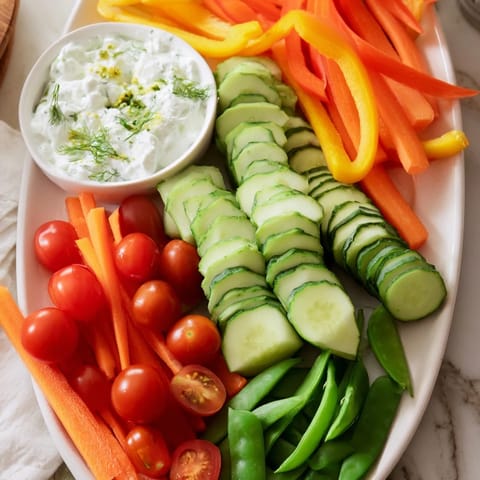 Enjoy a visually stunning veggie platter with crunchy cucumbers, carrots, and creamy dip for easy entertaining.