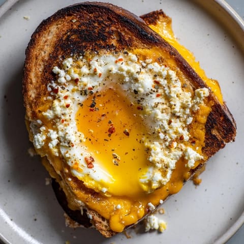 A close-up of feta fried eggs grilled cheese, offering a taste of a melty cheese sandwich.