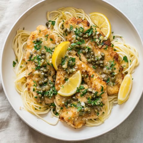A bowl of Quick Chicken Piccata Pasta, pasta coated in tangy sauce and fresh parsley.