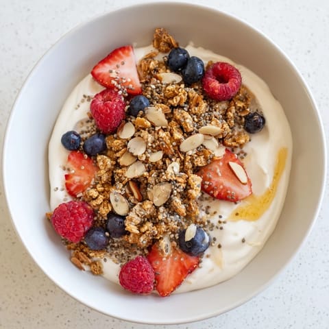 A beautifully arranged dry yogurt bowl featuring ripe berries, crunchy granola, and a creamy texture for breakfast.