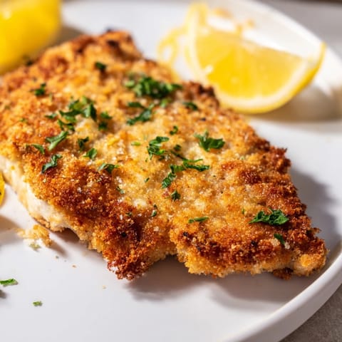 A close-up of crispy, flavorful Parmesan Chicken Cutlet, ready to eat alongside fresh lemon wedges.