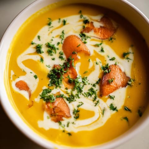 A bowl of golden, creamy carrot soup, the perfect comforting soup for a chilly evening.